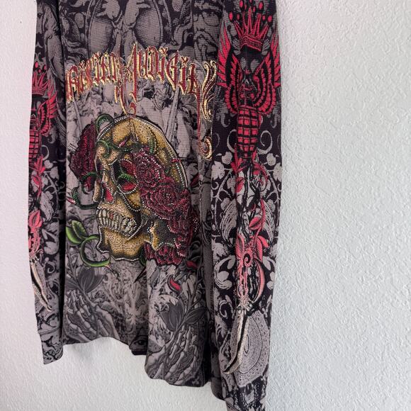 Christian Audigier Shirt Mens XL Thermal Skull Rose Rhinestone Y2K Tattoo NEW - Picture 7 of 16